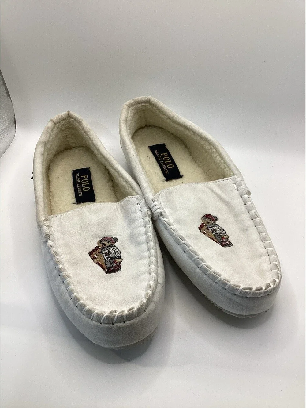 Polo Ralph Lauren Men's Moccasin Slipper White Holiday Bear Size: 6
